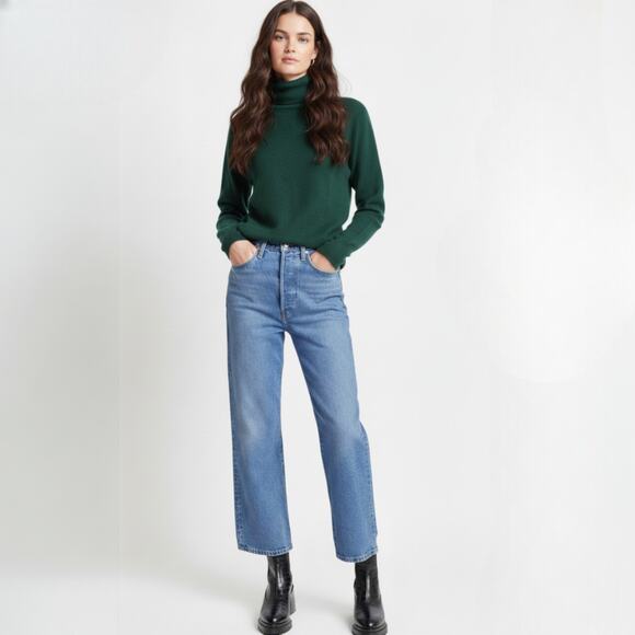 Levi's Premium Denim Ribcage Crop Bootcut Medium Wash Jazz Icon Size 34 NEW - Picture 1 of 12